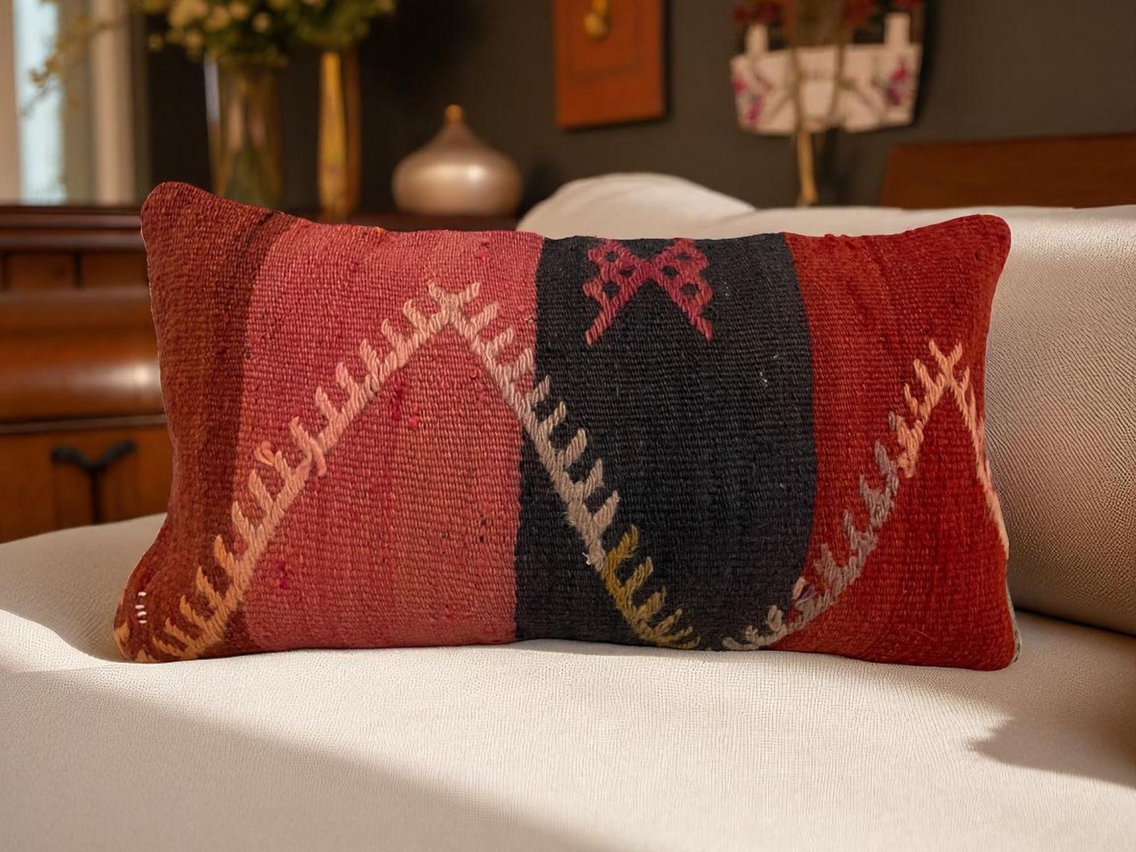 Hand Made Kilim Faced Cushion 12 X 20 Inches, Anatolian Kilim Pillow, Handmade Cushion Cover, Turkish Decor, Home Decor Accent photo for sale