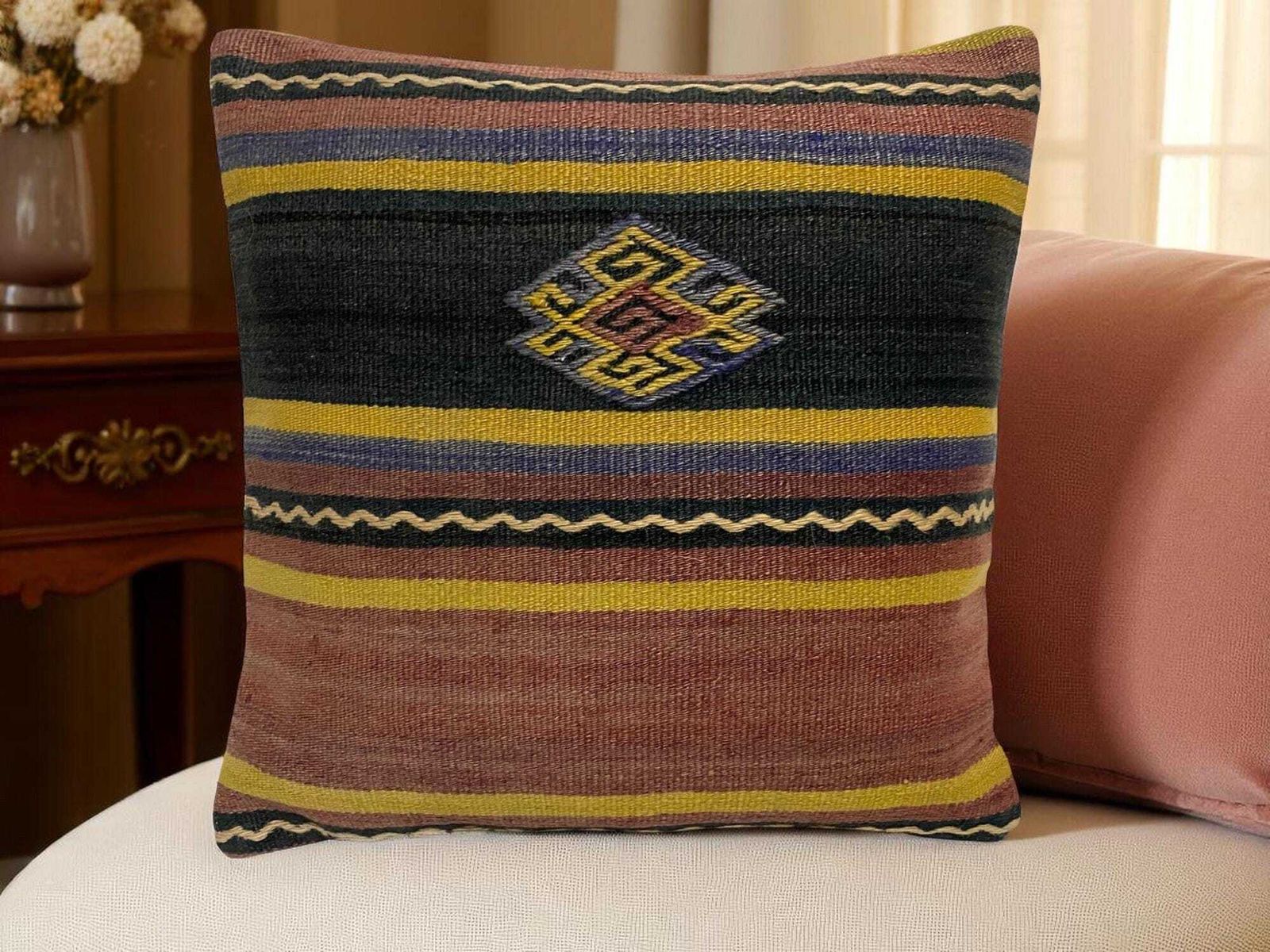 photo for sale Hand Made Kilim Faced Cushion 16 X 16 Inches, Anatolian Kilim Pillow, Handmade Cushion Cover, Turkish Decor, Home Decor Accent