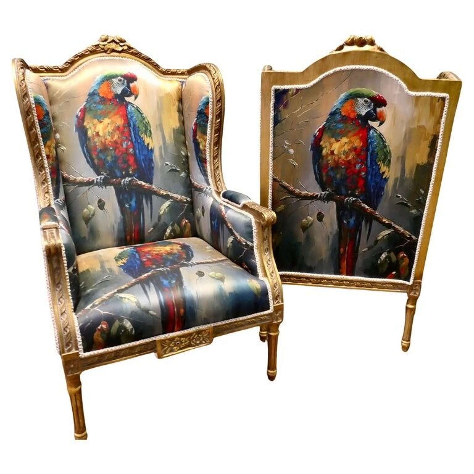 A Pair Of Salon Chairs With Silk Parrot Design