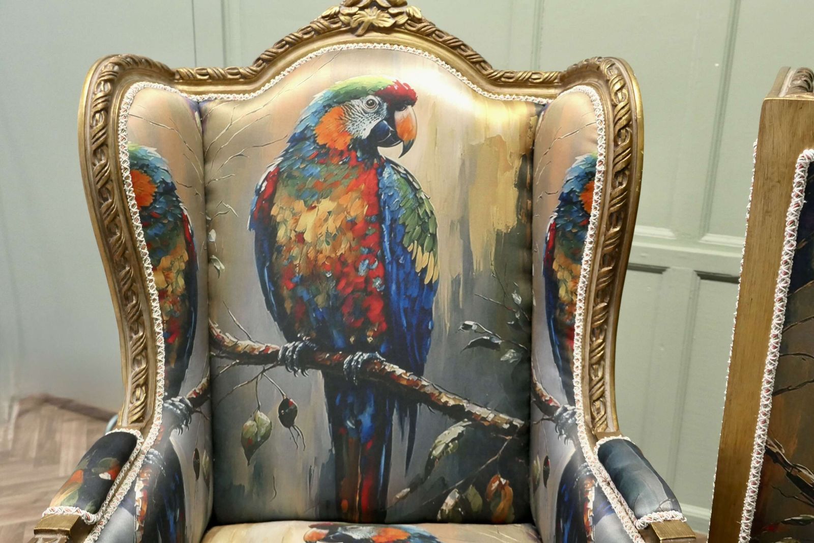 A Pair Of Salon Chairs With Silk Parrot Design photo buy