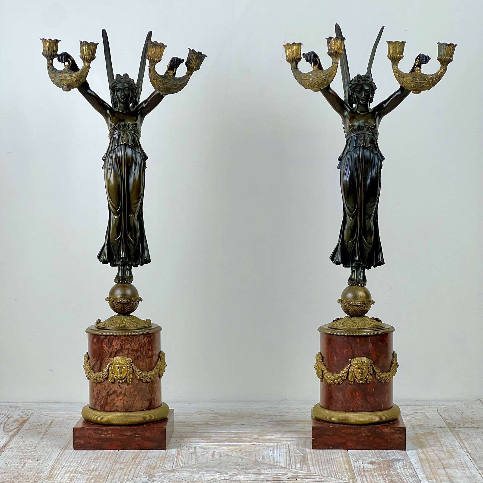 A Pair Of French Empire Patinated Bronze And Marble Candelabra photo for sale