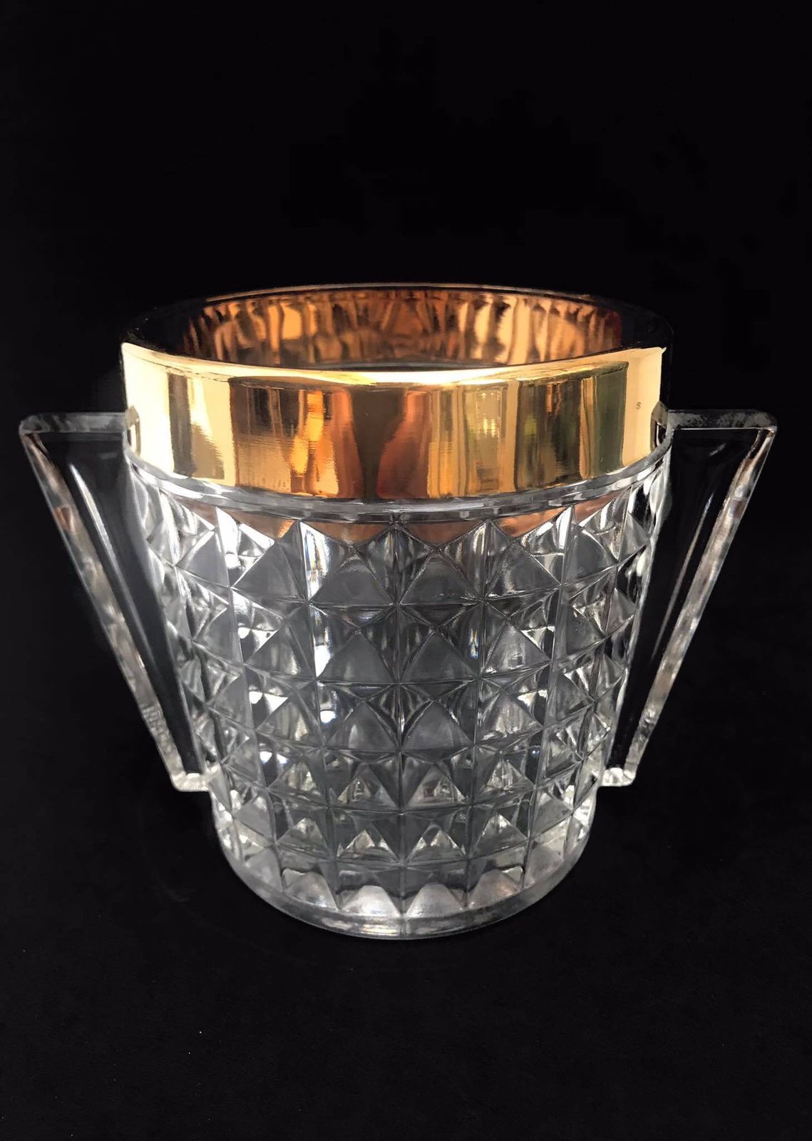 Ijsemmer Zwaar Geslepen Kristal Met Handvatten Mid Century Retro Baraccessoires, Mcm Barstyling Cadeau Voor Hem Gouden Bar photo Woonaccessoires