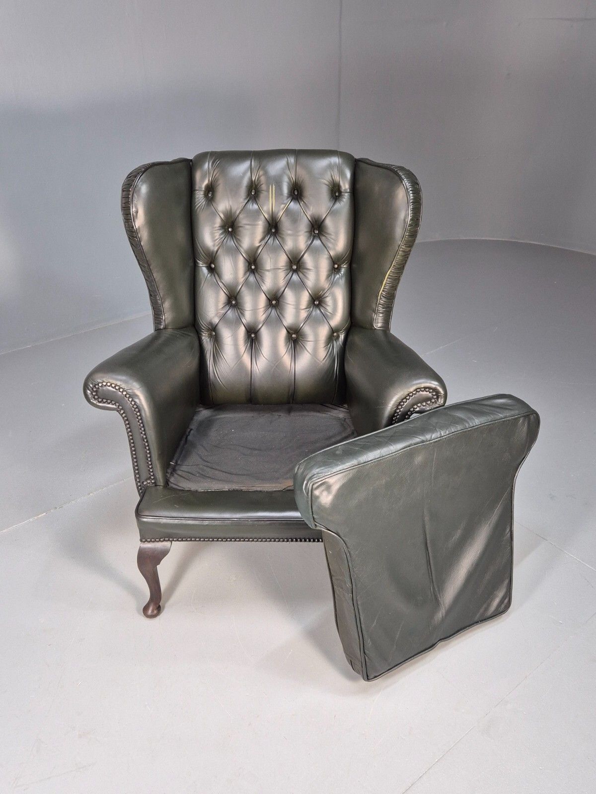 Vintage Chesterfield Armchair Green Leather Pleated Button Back Eb9485 Vlea photo buy