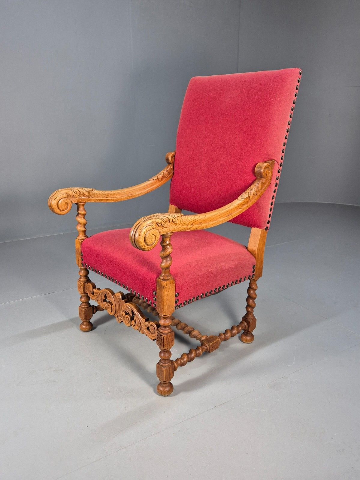 Vintage Danish Baroque Style Armchair In Red Wool And Oak 1950s  Eb9582 Vcar