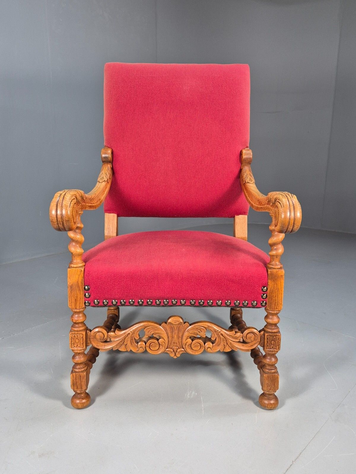 Vintage Danish Baroque Style Armchair In Red Wool And Oak 1950s  Eb9582 Vcar photo for sale