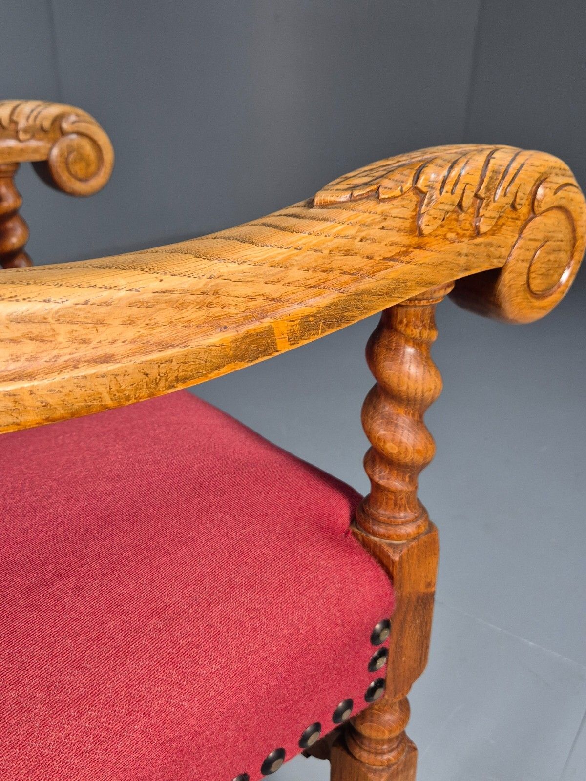250.0 Vintage Danish Baroque Style Armchair In Red Wool And Oak 1950s  Eb9582 Vcar photo
