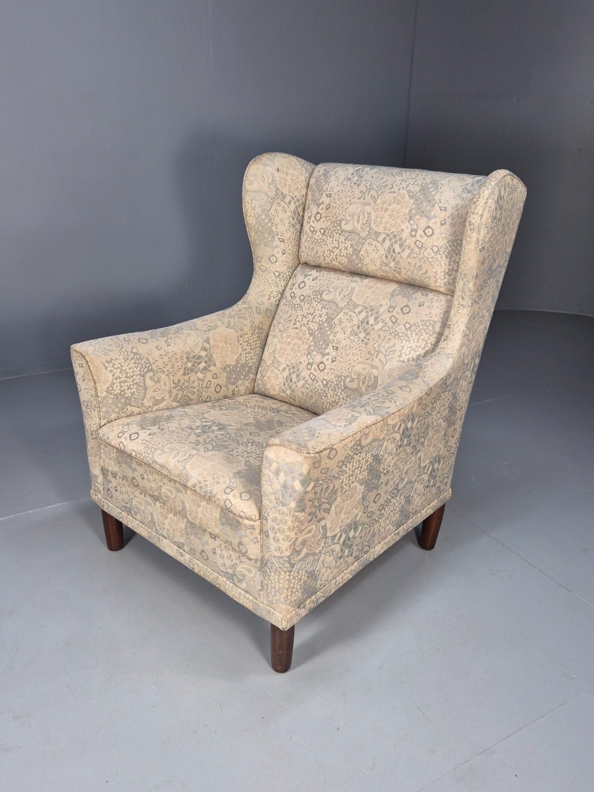 Vintage Danish Wingback Armchair Cream Grey  Abstract Print Retro Eb9695 Mnor