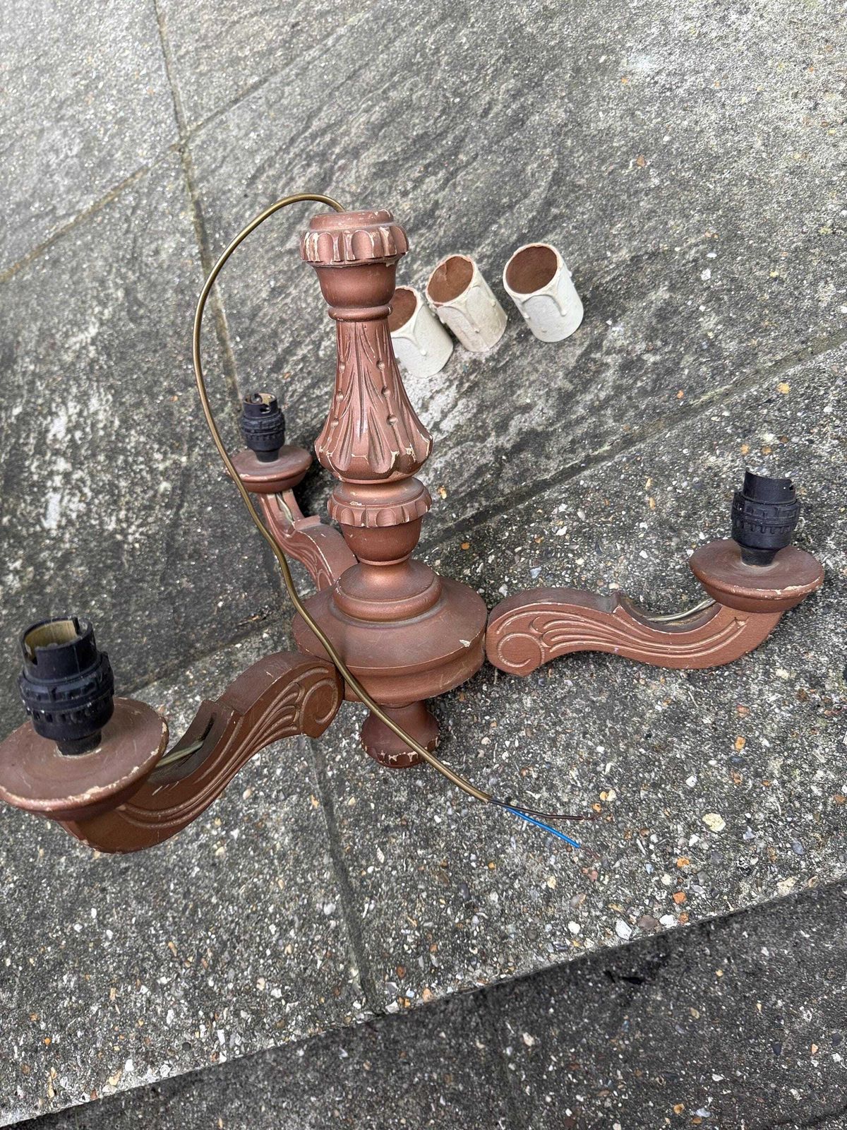 Rustic French Revival Painted Wood Chandelier – 3 Arm Ceiling Light With Ornate Scroll Detailing & Vintage Faux Candle Holders photo vinterior