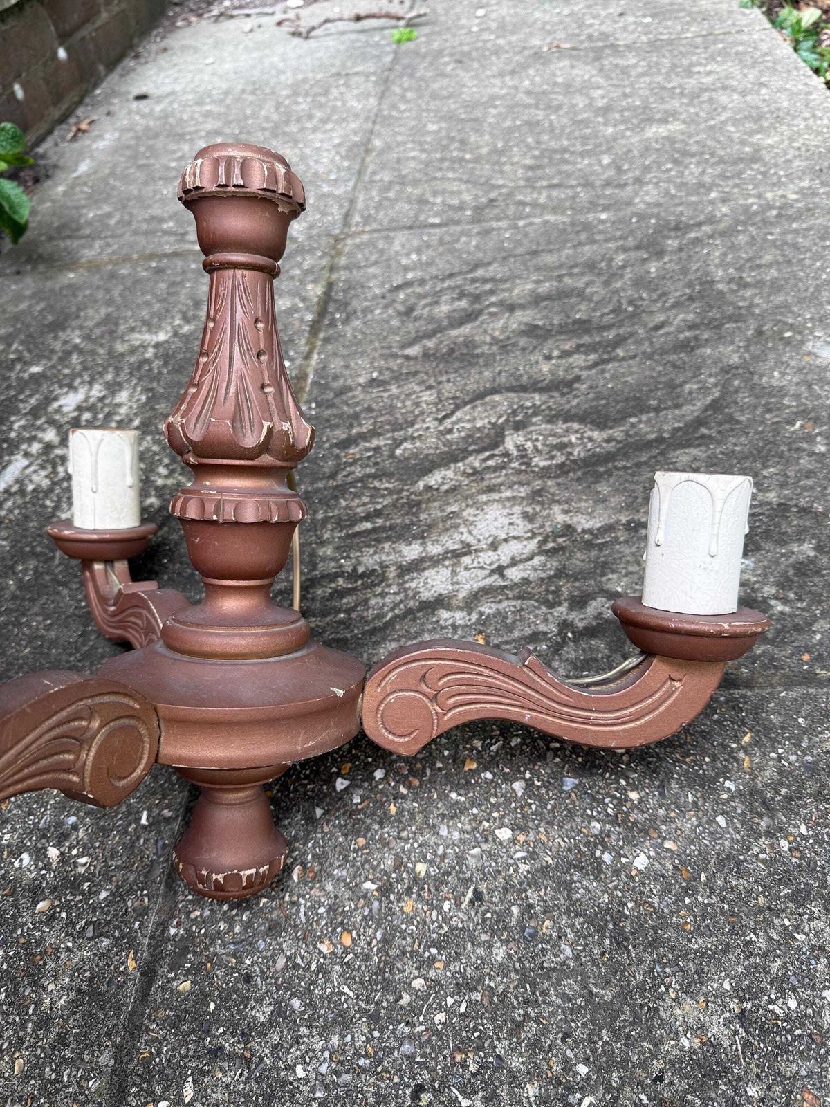 photo for sale Rustic French Revival Painted Wood Chandelier – 3 Arm Ceiling Light With Ornate Scroll Detailing & Vintage Faux Candle Holders