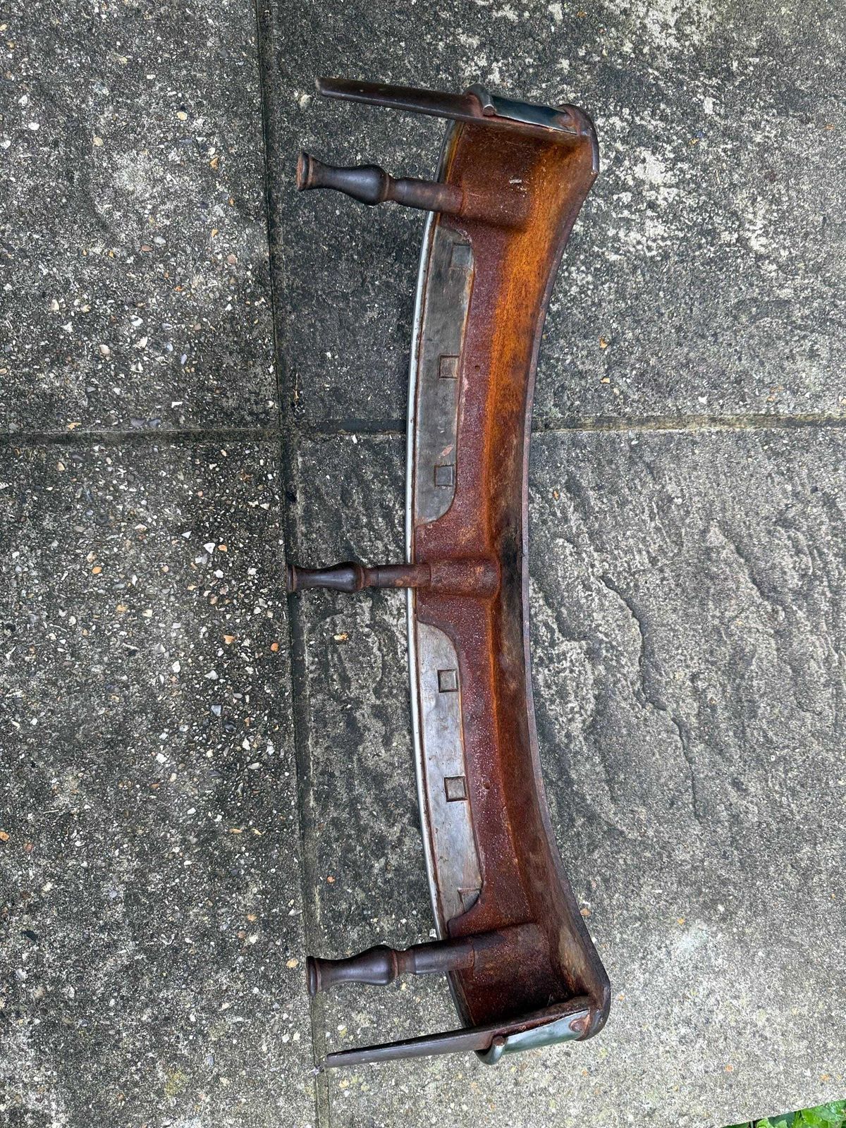 photo for sale Rare Art Deco Iron & Chrome Fire Fender – Curved Fireplace Guard With Square Stud Detailing, On Iron Legs, C1930s