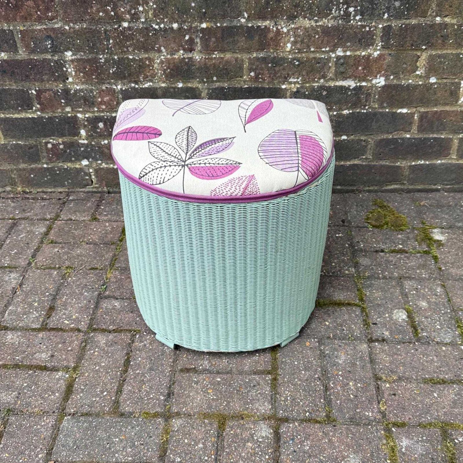 Vintage Lloyd Loom Laundry Basket – Mint Green Painted Ottoman With Leaf Print Seat, Storage Seat, Mid Century Utility Charm, Painted Stool photo furniture