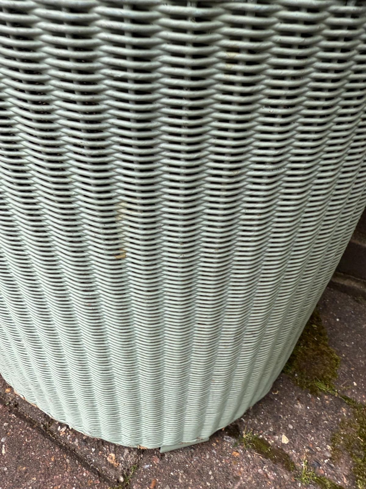 Vintage Lloyd Loom Laundry Basket – Mint Green Painted Ottoman With Leaf Print Seat, Storage Seat, Mid Century Utility Charm, Painted Stool photo buy