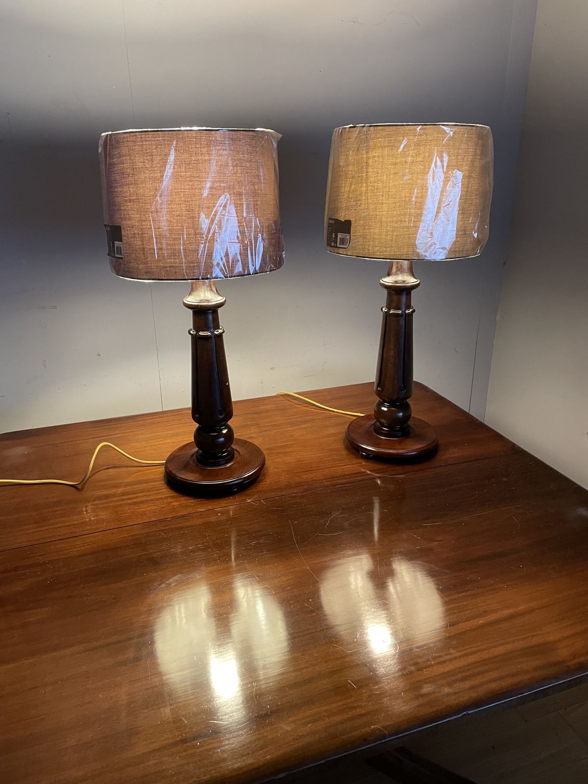 Pair Of Large Mahogany Table Lamps (Shades Not Included)