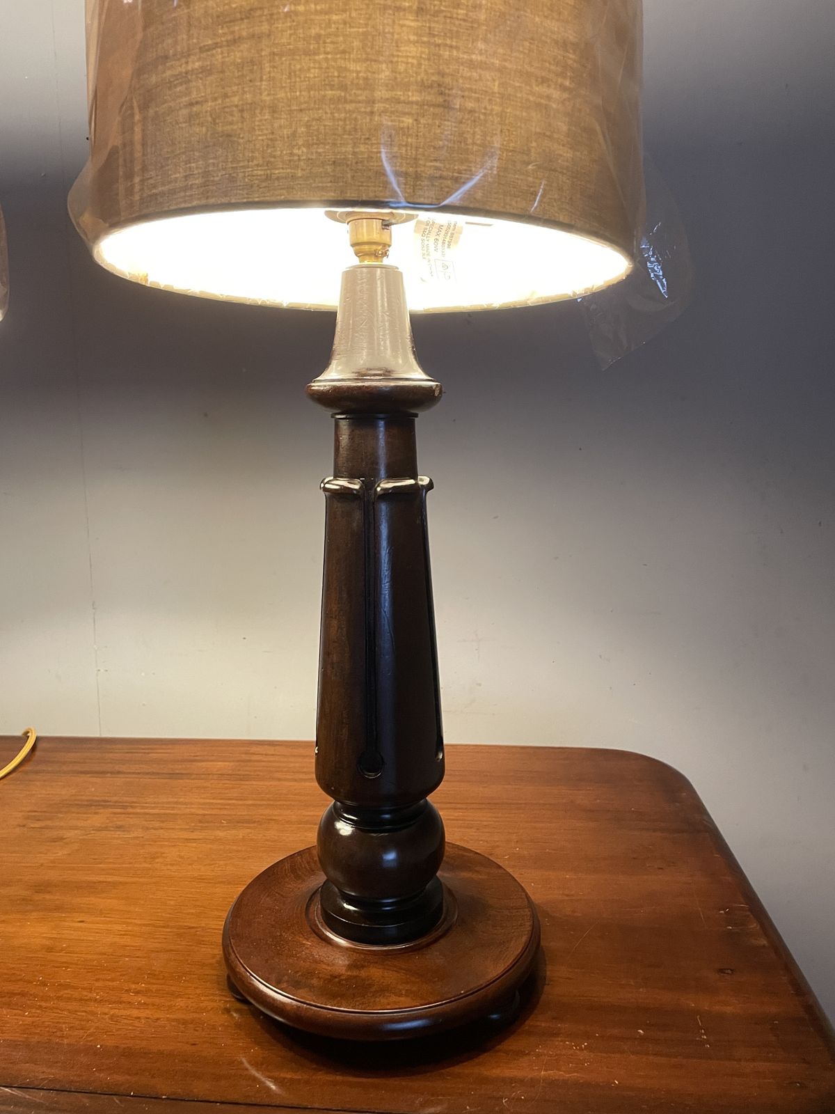photo for sale Pair Of Large Mahogany Table Lamps (Shades Not Included)