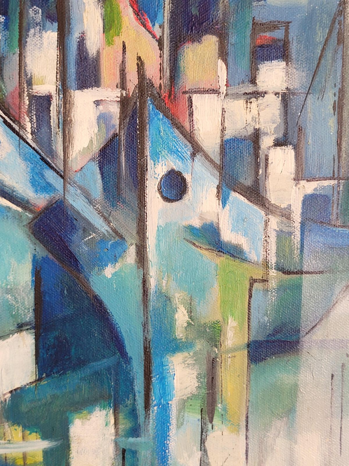 Boats In Harbour. Contemporary Cubist Acrylic On Canvas By Lombardo photo Art
