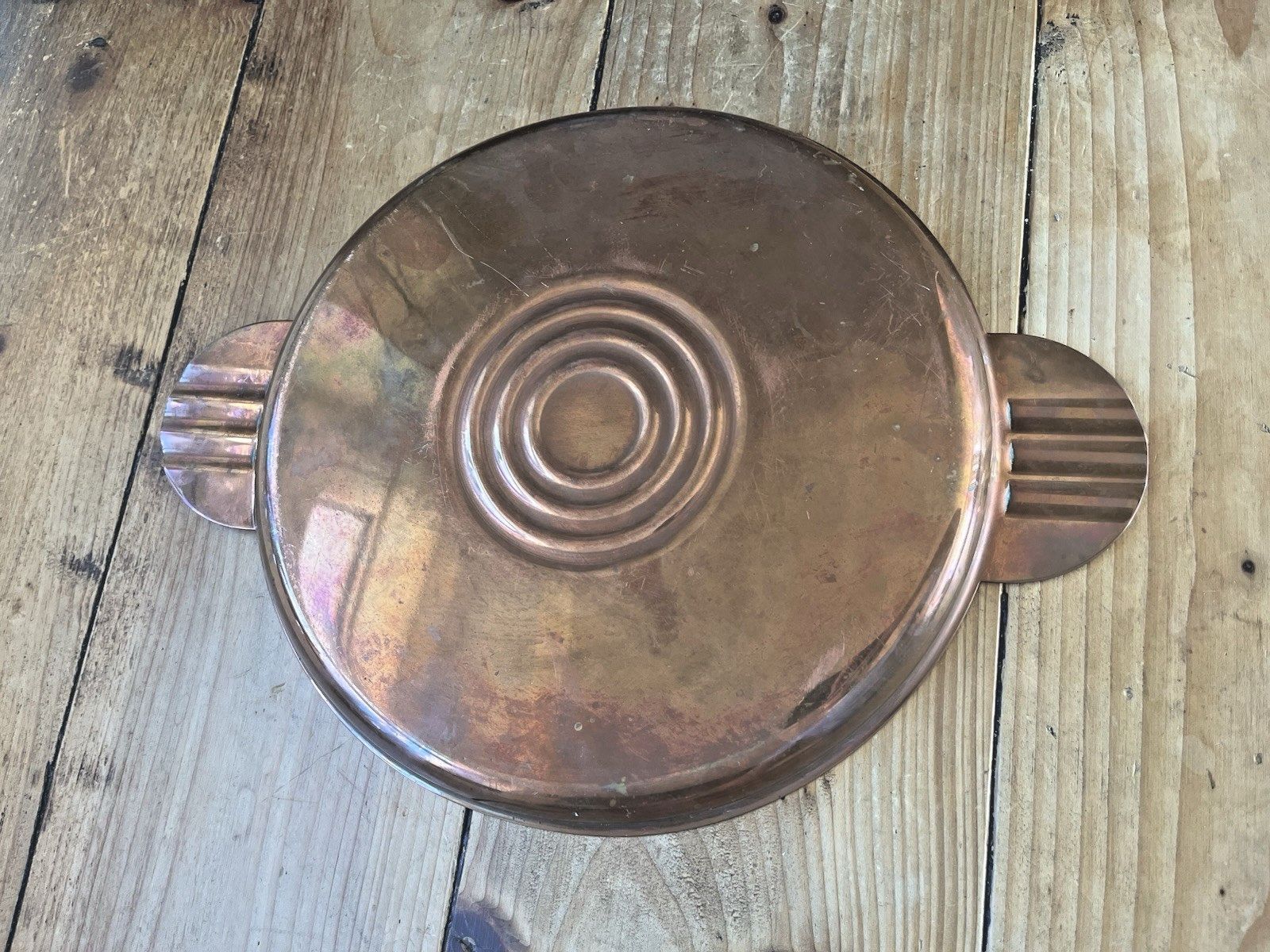 Antique Art Deco Copper Banded Bullseye Fanned Cocktail Drinks Serving Bar Tray photo vinterior