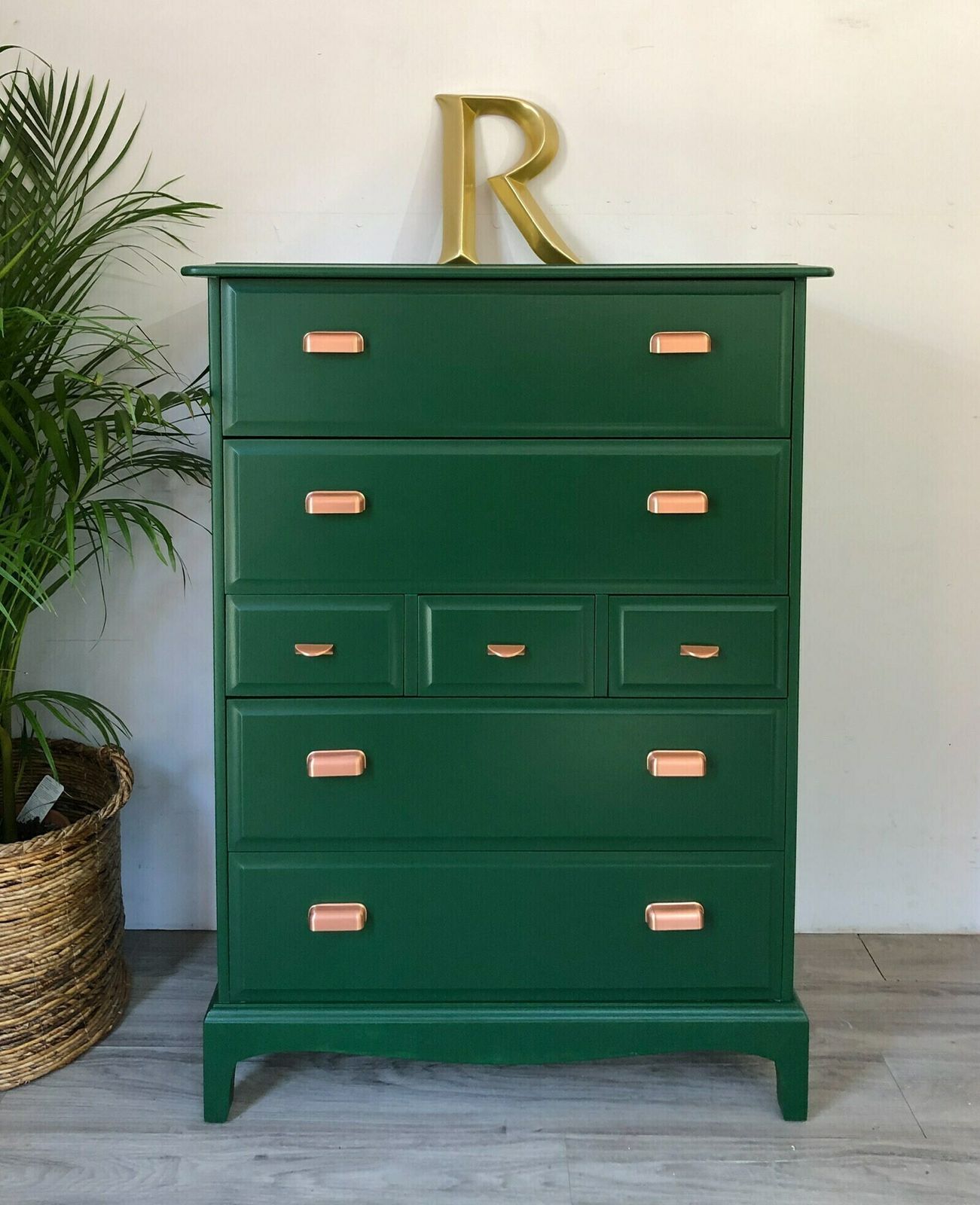 photo for sale Stag Minstrel Furniture Tallboy Chest Of Drawers Painted Green