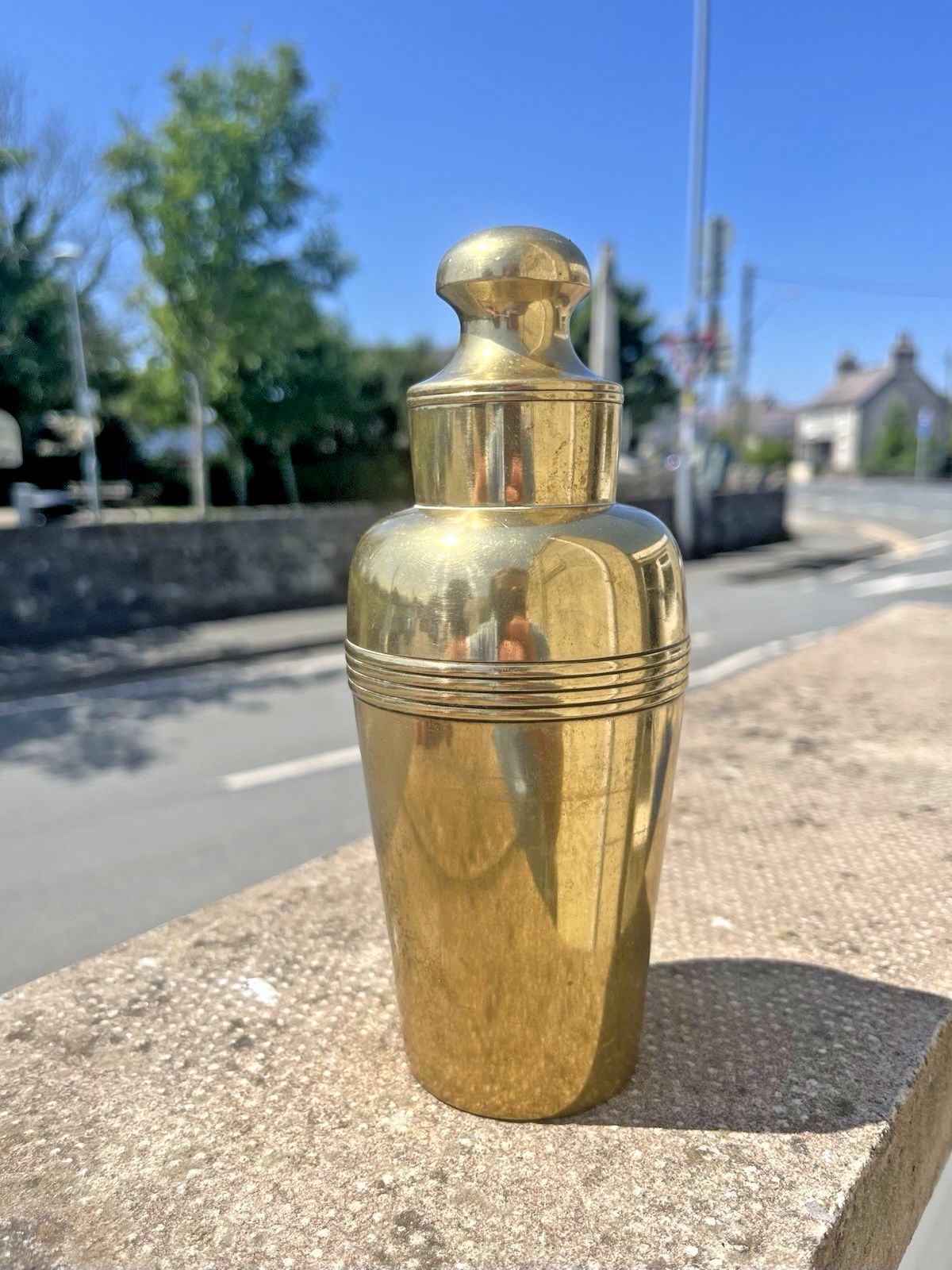 195.0 Antique Art Deco Pill Bottle Shape Cocktail Shaker Brass Plated Epns Bar Cabinet photo
