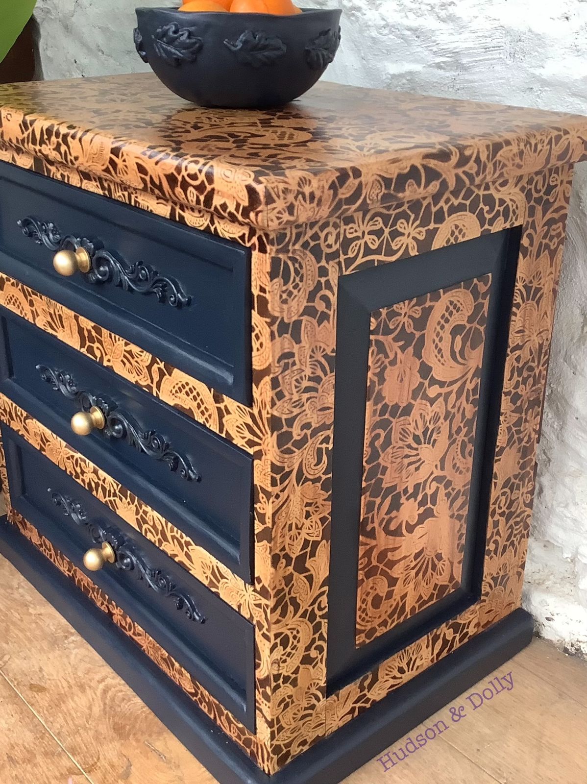A Smaller Set Of Three Drawers With Navy Blue And Natural Wood With Stencilling Design. photo for sale