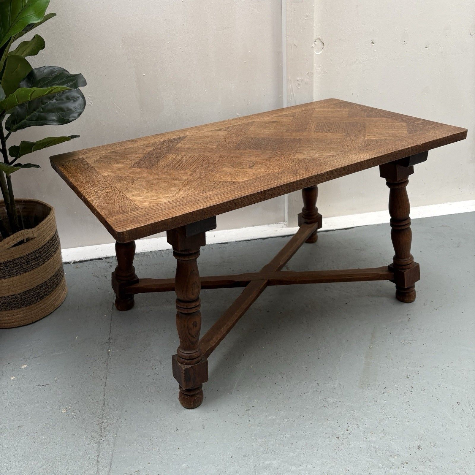 Mid Century French Oak Parquetry Herringbone Top Rustic Coffee Table