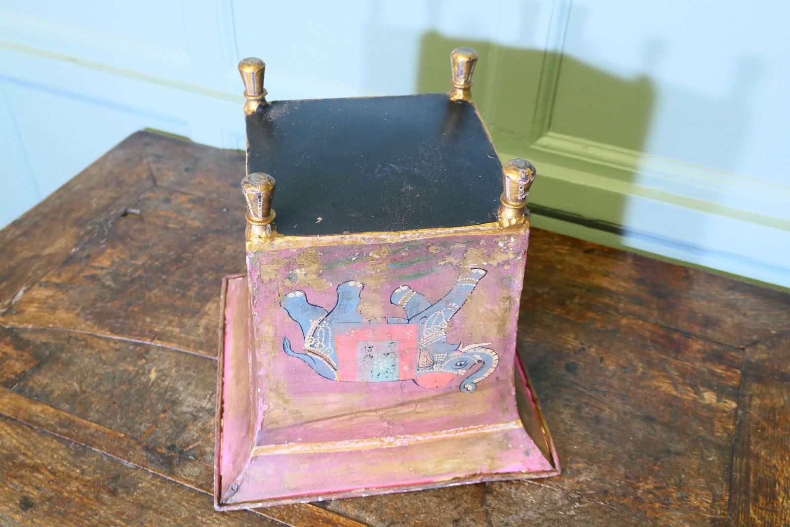 Indian Metal Jardiniere Painted With Elephants photo vintage