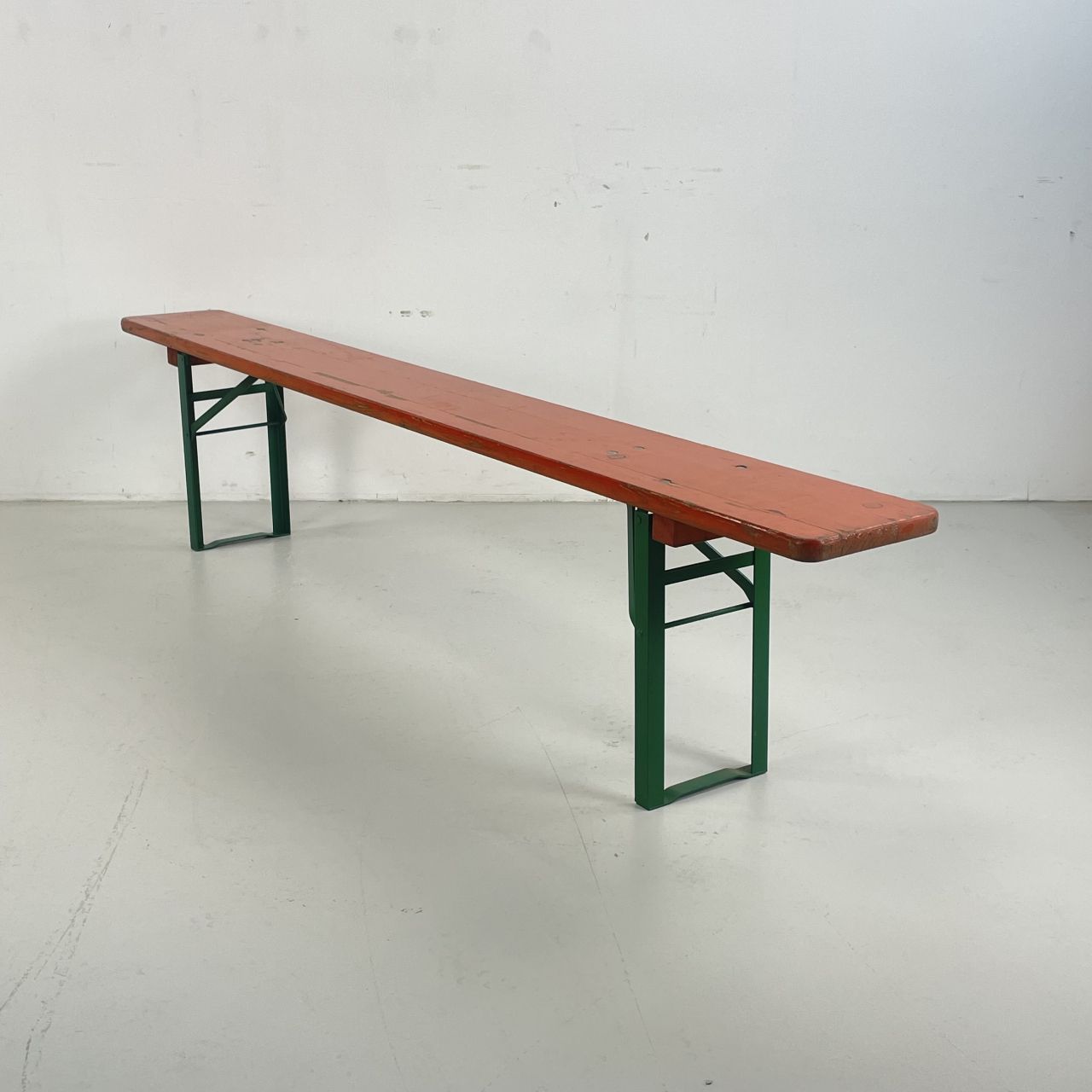 Vintage German Folding Garden Beer Bench In Orange