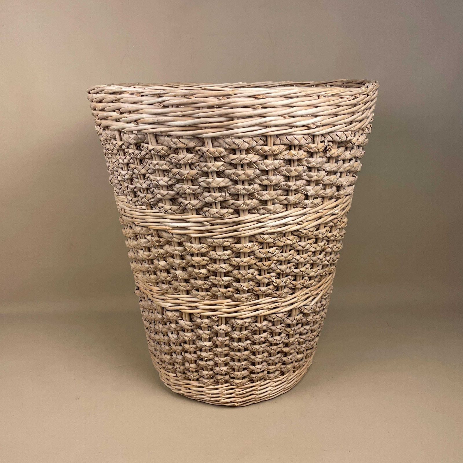 Vintage Large Round Laundry Basket Woven Wicker Brown Antique Cylinder Storage Farmhouse Cottage Decor Antique Cane Wood Logs Fireplace photo furniture