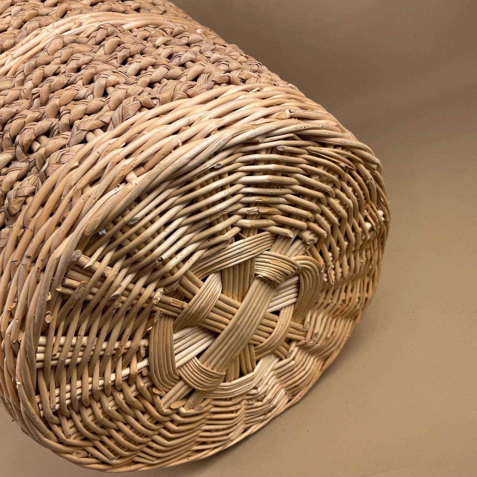 Vintage Large Round Laundry Basket Woven Wicker Brown Antique Cylinder Storage Farmhouse Cottage Decor Antique Cane Wood Logs Fireplace photo vintage