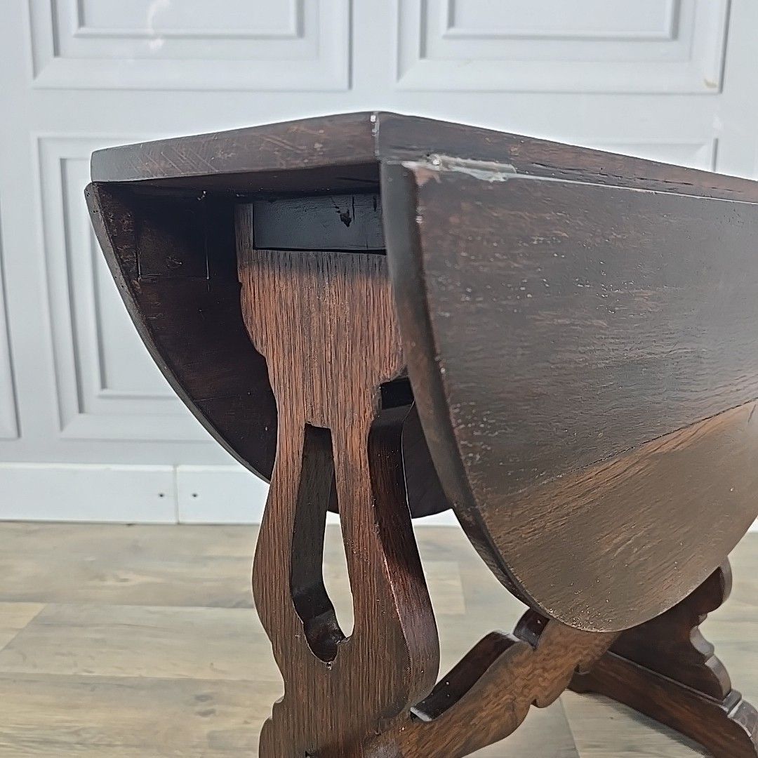 Antique Oak Drop Leaf Table Wooden Sofa Coffee Oval Top Carved Trestle Base photo Furniture