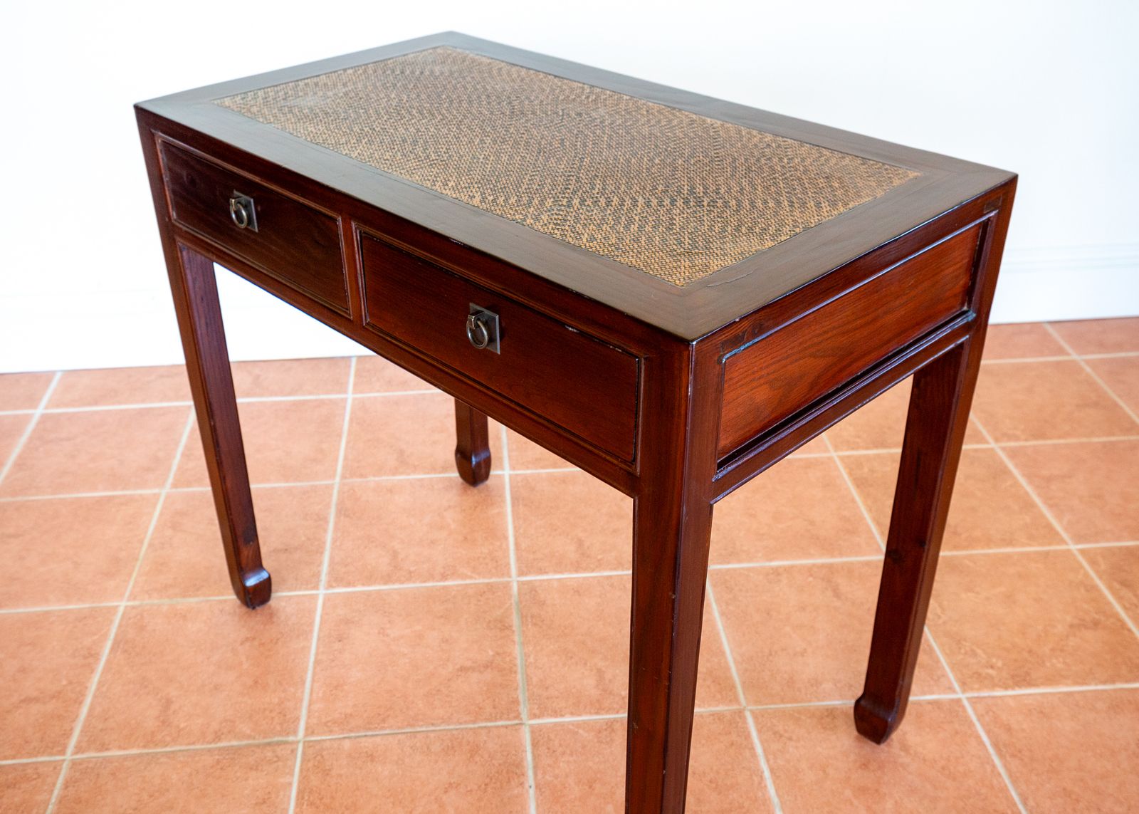 photo for sale Antique Lacquered Chinese Console Tabl.E Des.K Inlaid Jumu Elm Early 20th Century Rattan Hallway Tabl.E Occasional Side Tabl.E Two Drawers