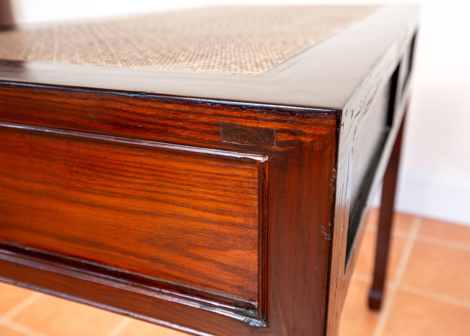 Antique Lacquered Chinese Console Tabl.E Des.K Inlaid Jumu Elm Early 20th Century Rattan Hallway Tabl.E Occasional Side Tabl.E Two Drawers photo 1950.0