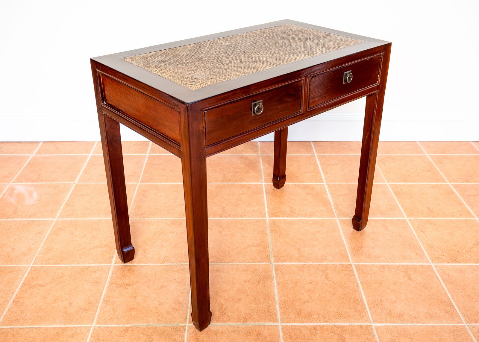 Antique Lacquered Chinese Console Tabl.E Des.K Inlaid Jumu Elm Early 20th Century Rattan Hallway Tabl.E Occasional Side Tabl.E Two Drawers