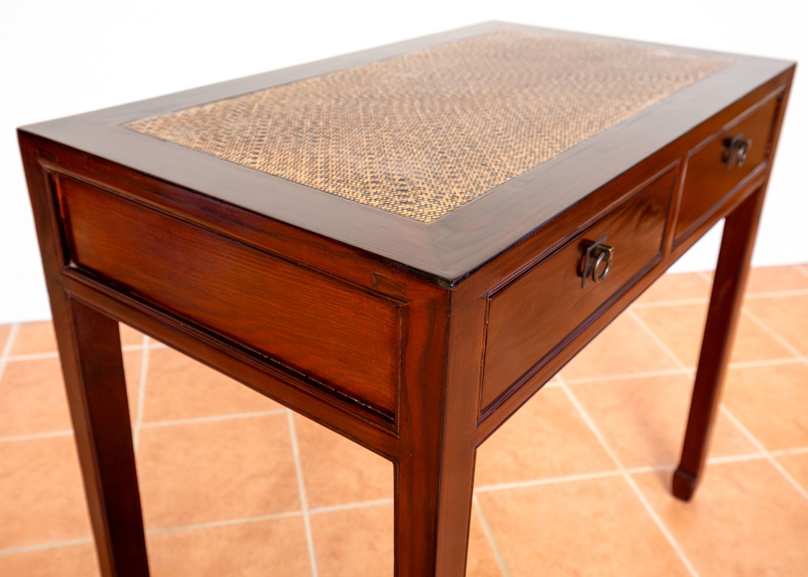 Antique Lacquered Chinese Console Tabl.E Des.K Inlaid Jumu Elm Early 20th Century Rattan Hallway Tabl.E Occasional Side Tabl.E Two Drawers photo for sale