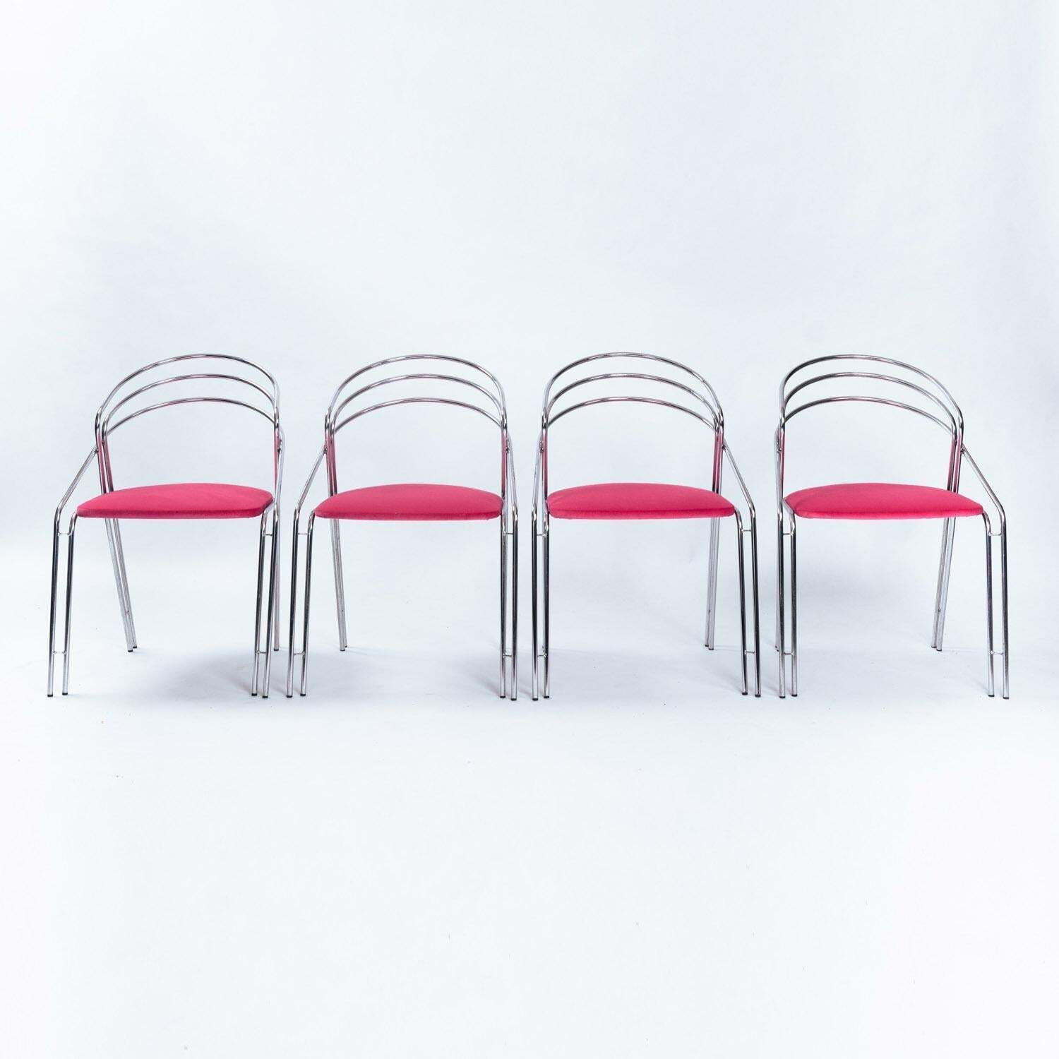 Midcentury Chrome Pink Velvet Dining Chair Set, 4 Pcs, Italy 1970s photo furniture