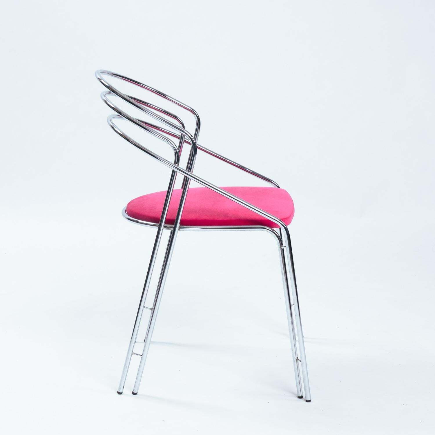 Midcentury Chrome Pink Velvet Dining Chair Set, 4 Pcs, Italy 1970s photo vinterior