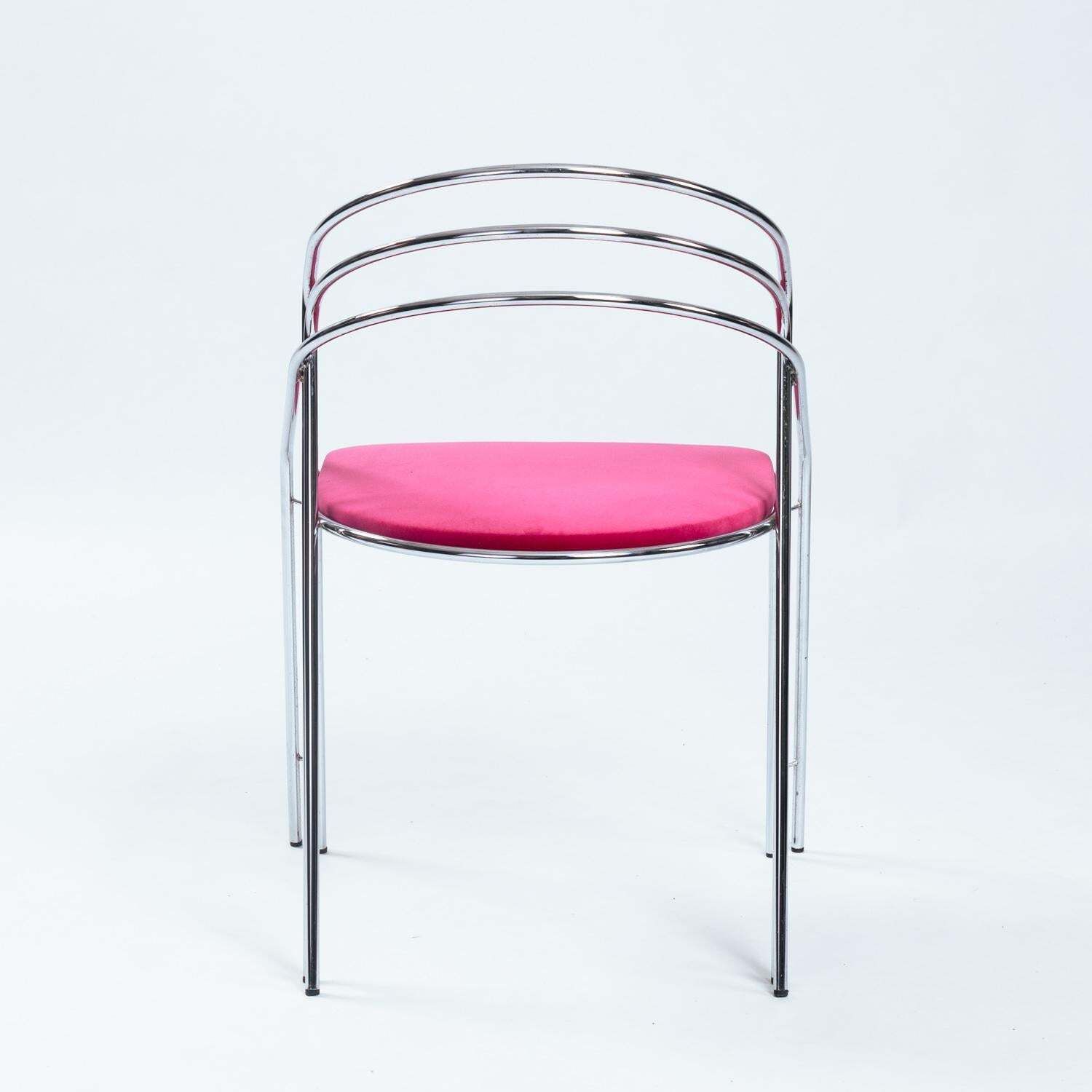 Midcentury Chrome Pink Velvet Dining Chair Set, 4 Pcs, Italy 1970s photo vintage