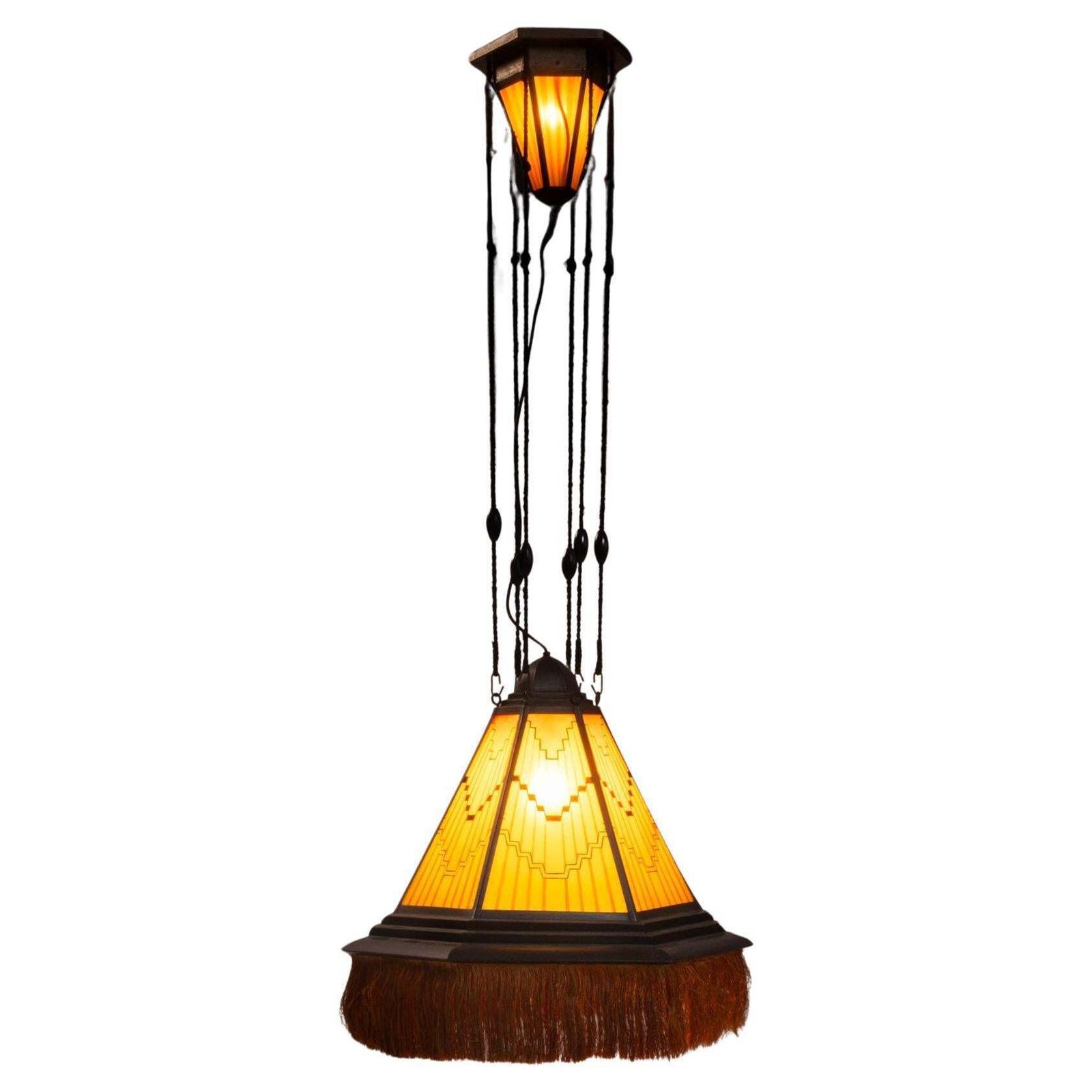Art Deco Amsterdam School Painted Glass Copper Pendant Lamp, The Netherlands, 1930s