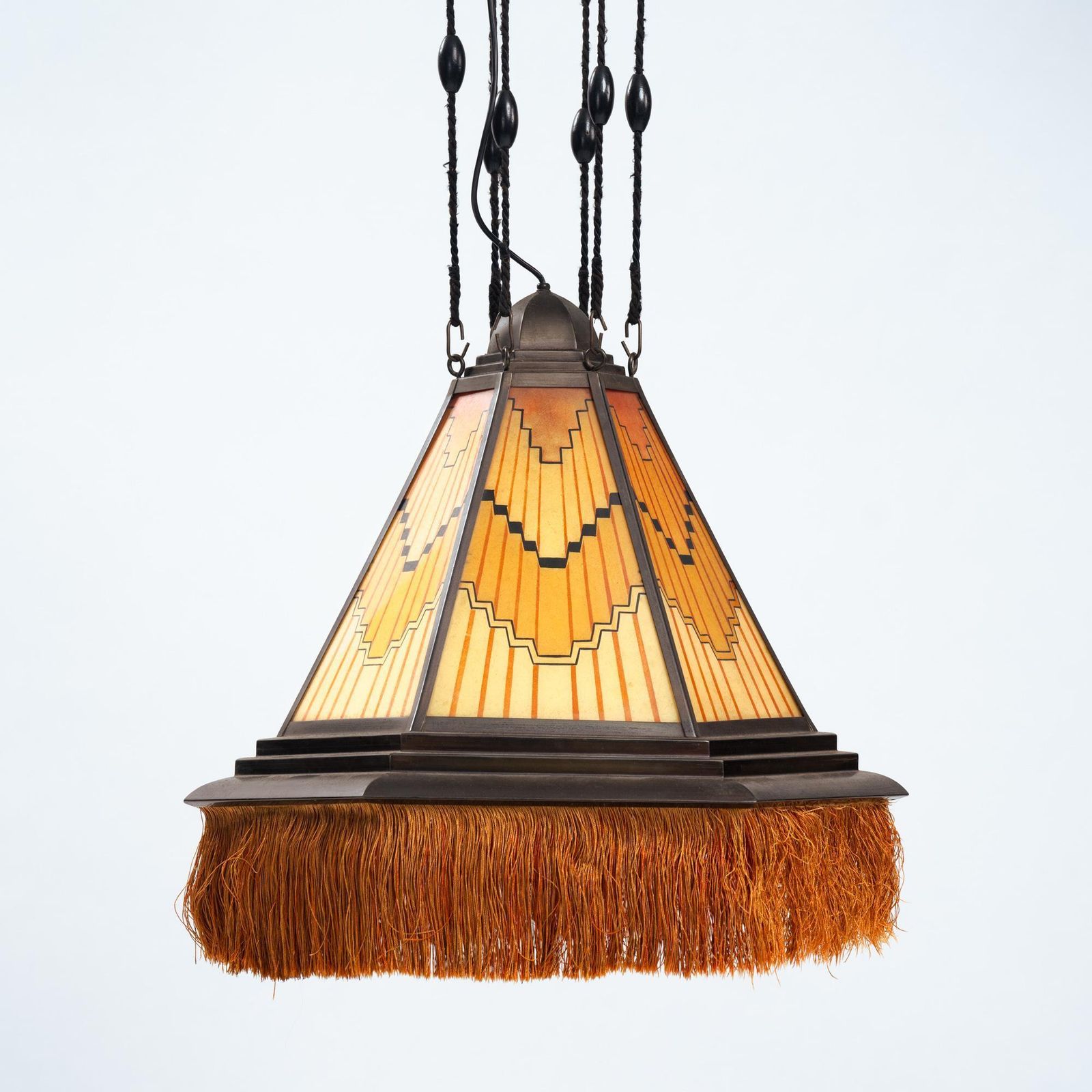 photo furniture Art Deco Amsterdam School Painted Glass Copper Pendant Lamp, The Netherlands, 1930s