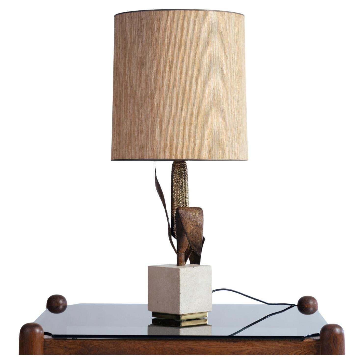 Maison Charles Attr. Brass, Bronze And Travertine Table Light, France, 1960s