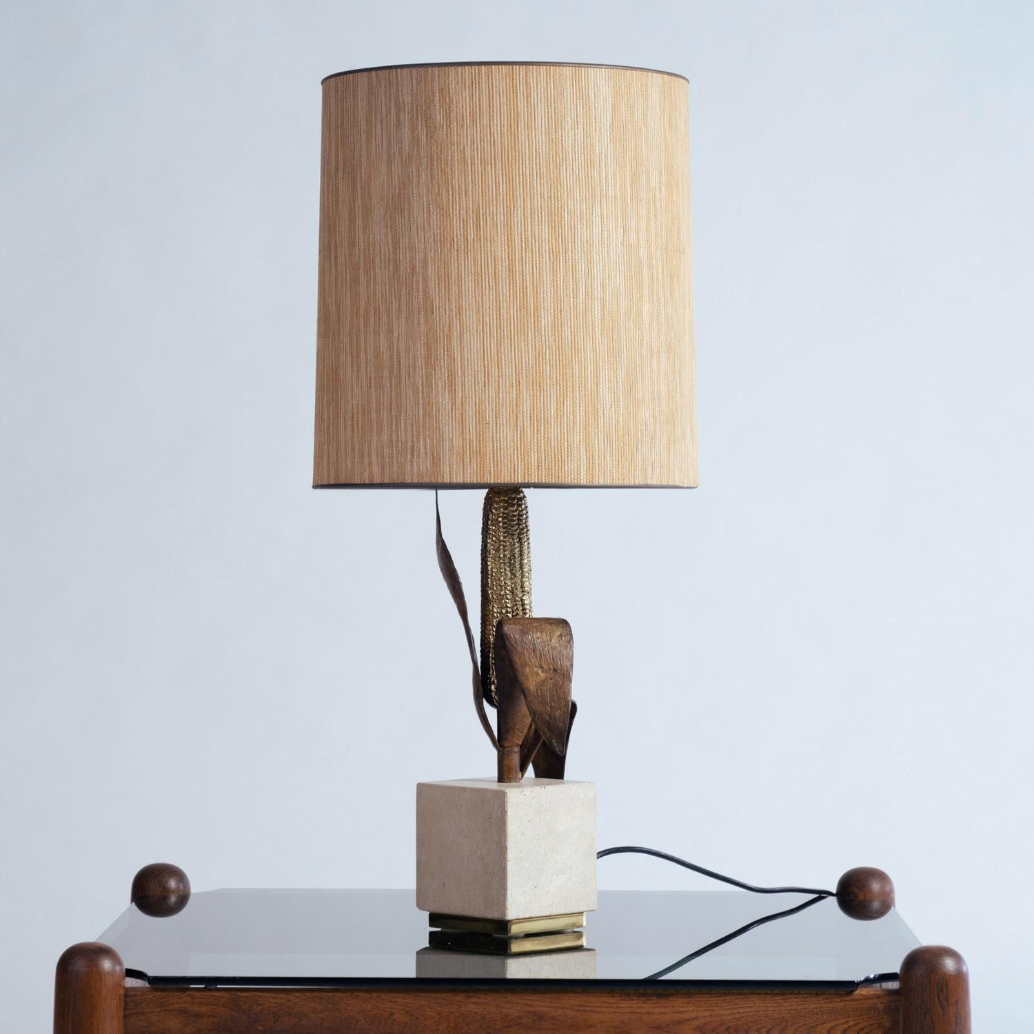 Maison Charles Attr. Brass, Bronze And Travertine Table Light, France, 1960s photo Lighting