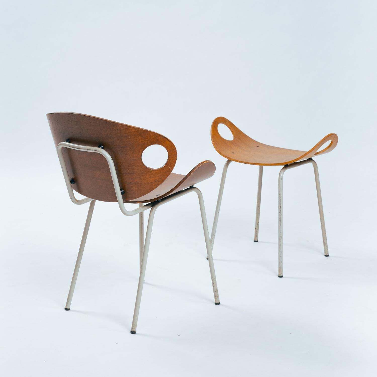 Modernist Olof Kettunen Chair And Stool For Merivaara In Plywood, Finland 1950s photo furniture