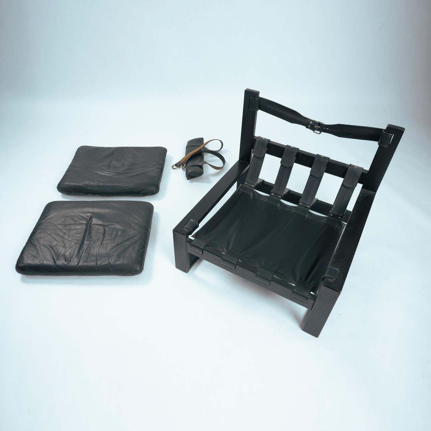 photo for sale Sonja Wasseur Brutalist Easy Chairs, Ottoman In Oak With Leather Straps, Set Of2