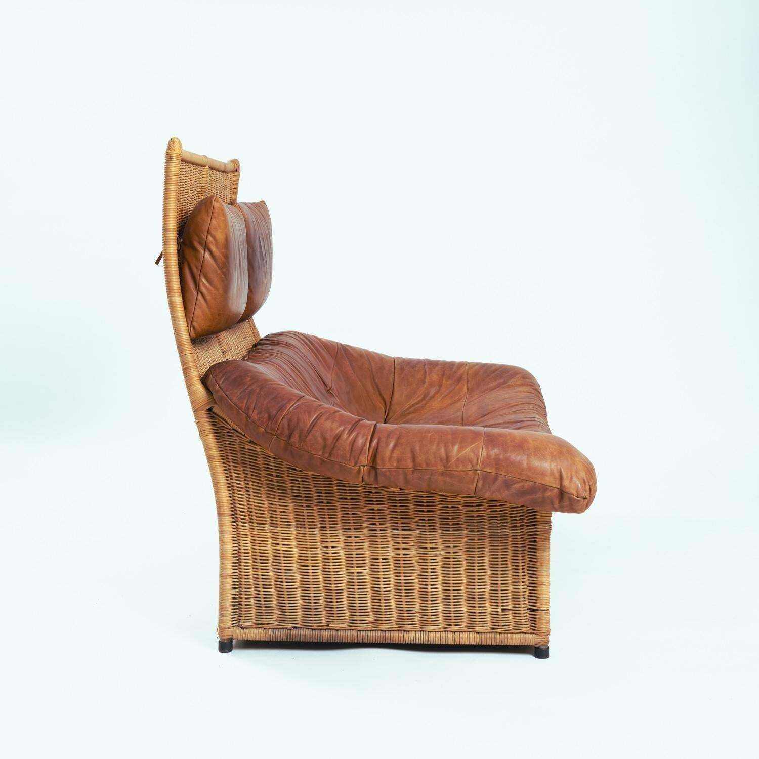 The Rock Tall Back Rattan Loveseat Sofa By Gerard Van Den Berg Leather, 1970s photo Furniture