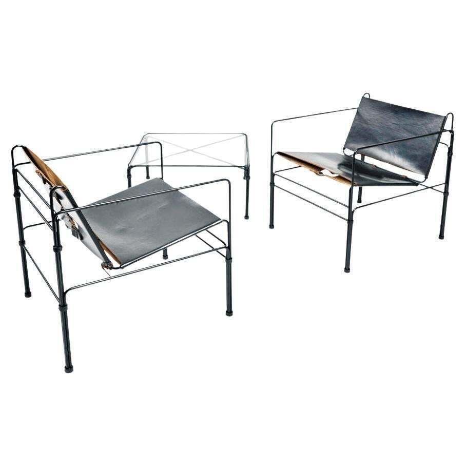 Collectors Item Leather Steel Straps Lounge Chair Set By Jan Van Opzeeland, 3pcs