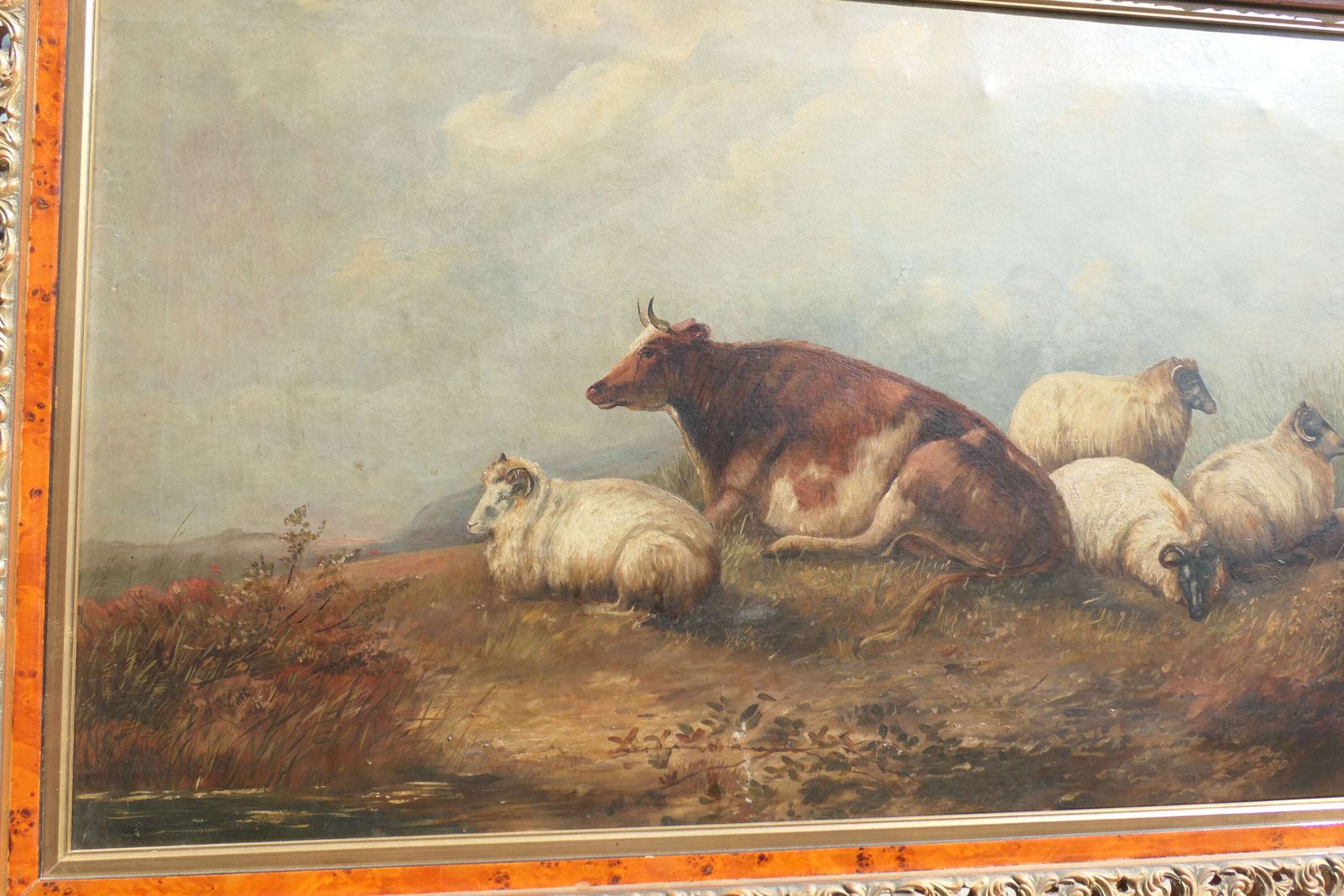 Large Unsigned Victorian Oil Painting, Of A Cow And Sheep photo for sale