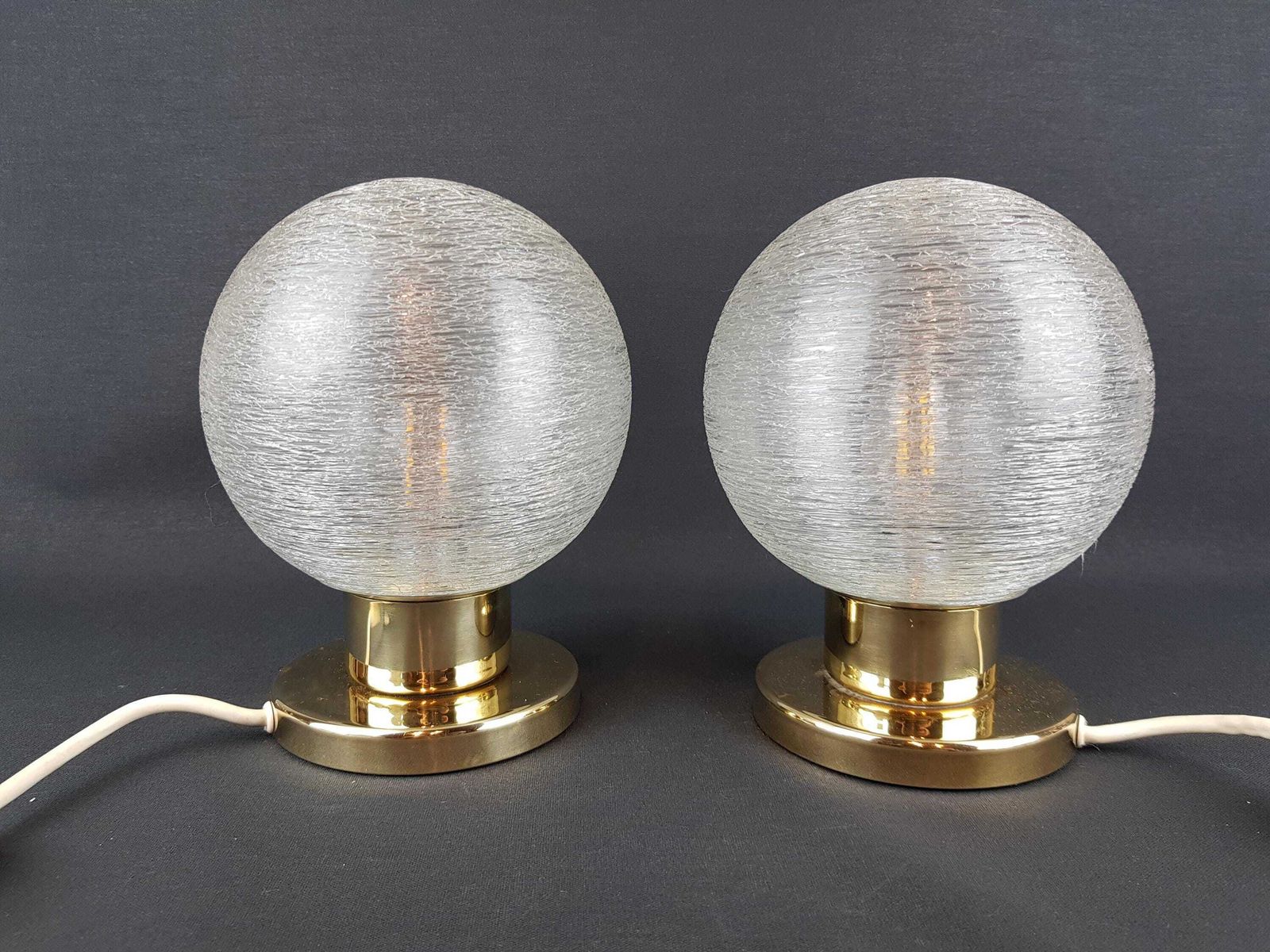Pair Of Vintage Doria Leuchten, Footed Table Or Bedside Lamps With Crackled Glass Bulb Shades West Germany 1970s