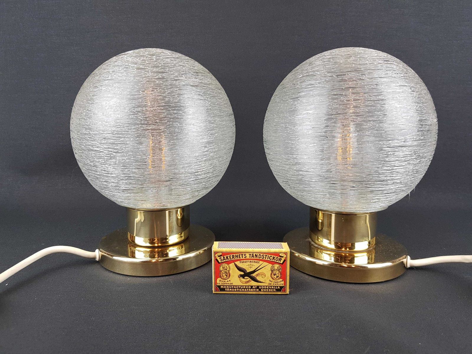 Pair Of Vintage Doria Leuchten, Footed Table Or Bedside Lamps With Crackled Glass Bulb Shades West Germany 1970s photo furniture