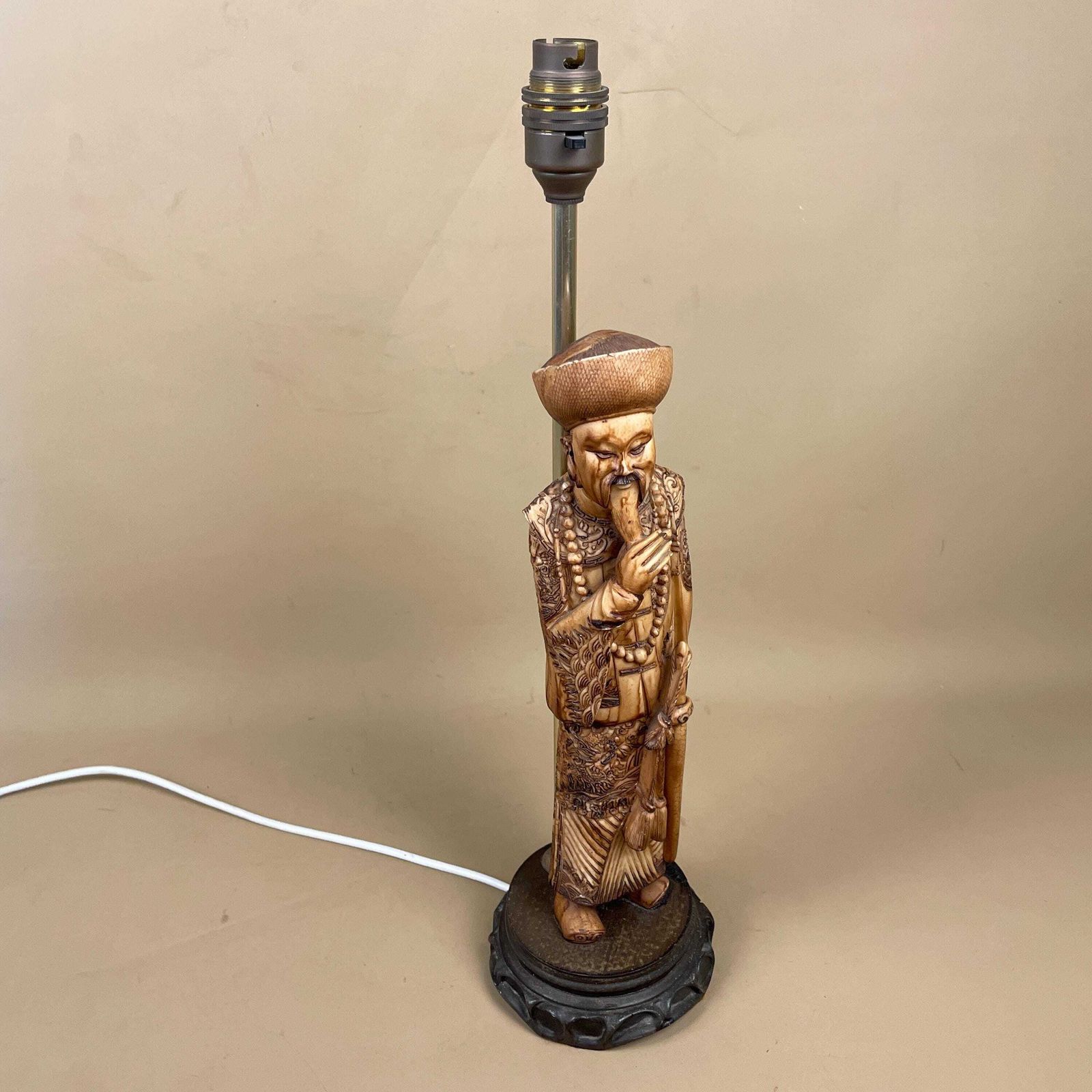 Vintage Japanese Man Lamp Bedside Side Table Oriental Handmade Statue Figure Wood Wooden Base Antique Carved Plastic Resin photo furniture