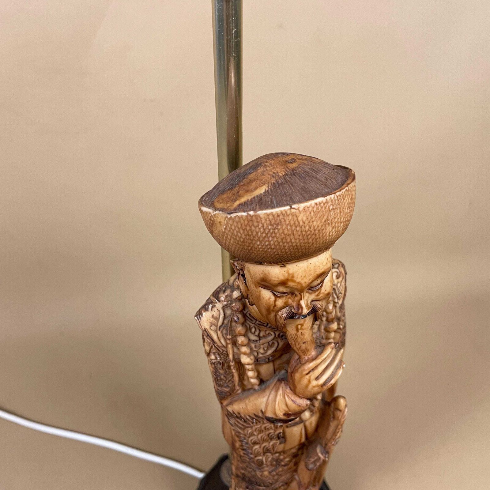 Vintage Japanese Man Lamp Bedside Side Table Oriental Handmade Statue Figure Wood Wooden Base Antique Carved Plastic Resin photo for sale