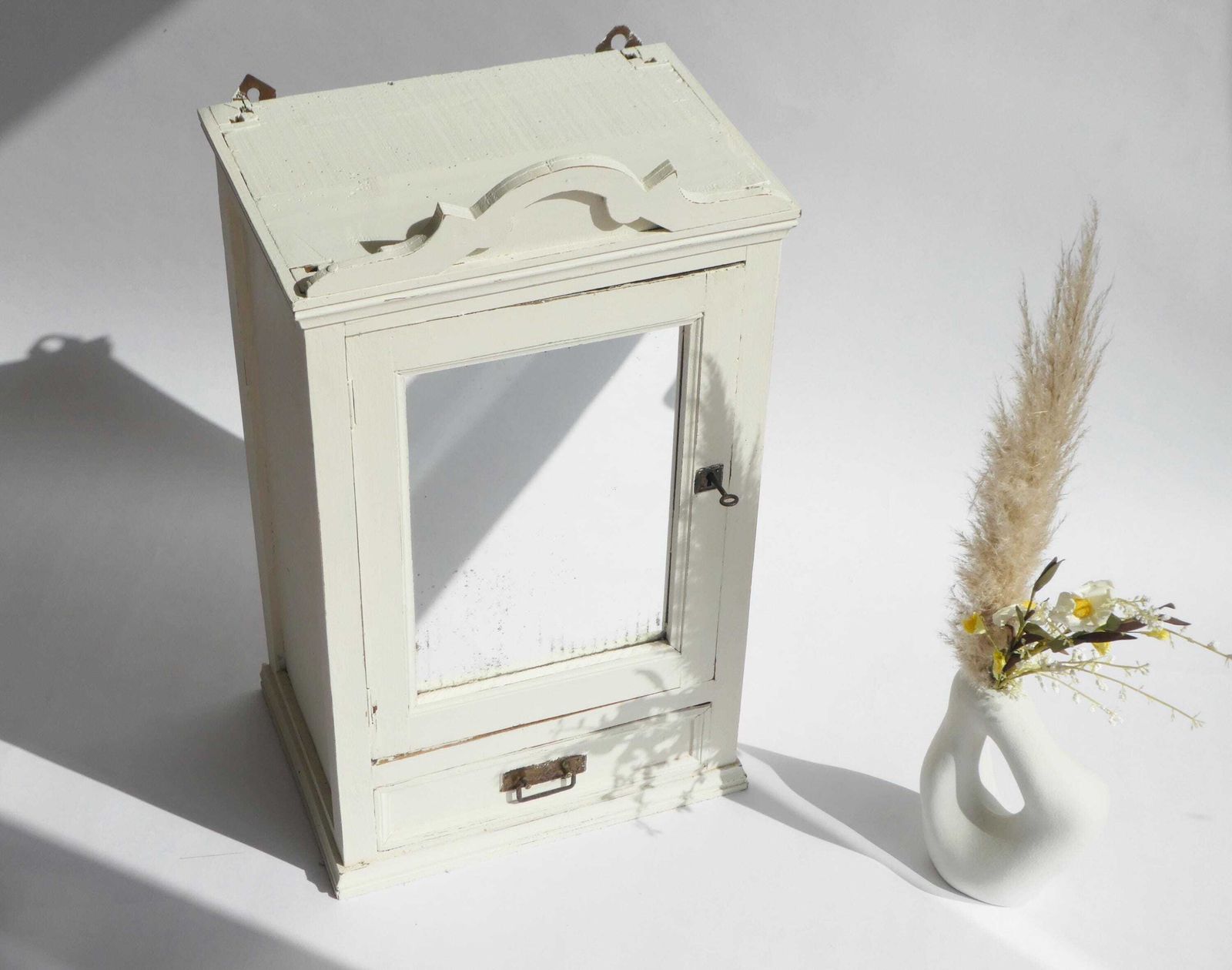 Antique Shabby Chic Wooden Wall Cabinet With Mirror In White Colour, Distressed Apothecary With Drawer And Shelf, Painted Medicine Cabinet photo Furniture